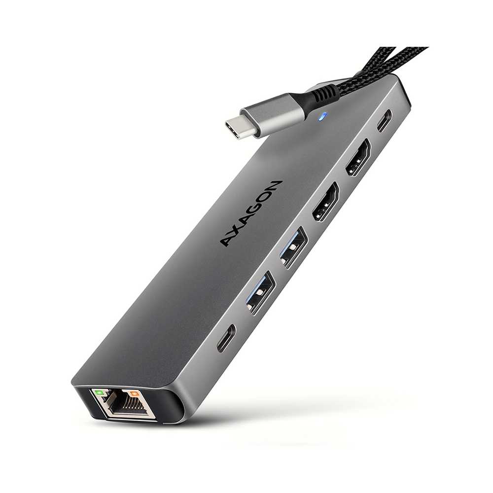 Axagon HMC-7HX2. Hub USB 3.2. 2x USB-A + 1x USB-C + 2x HDMI + RJ-45