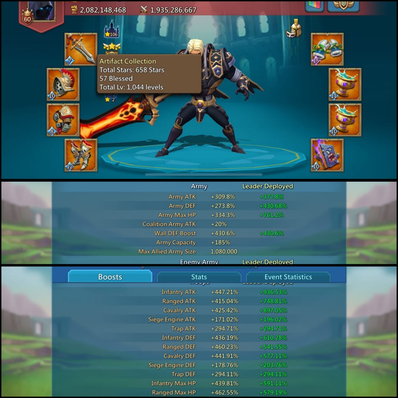 2500$+mm Its price is negotiable
6 Champs - I Lv.12,  Lv.10 Lv.8 Lv.7 Lv.3
447-415-425% stats
106 Castle 🌟 57 Blessed ⭐
5 million gems, including 4 million 200 thousand gems available as a gift