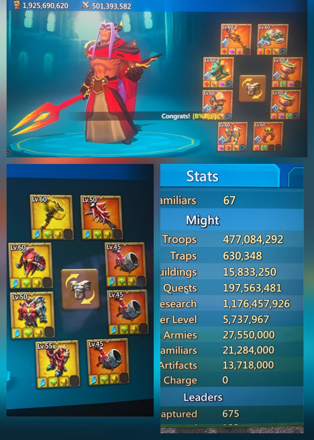 🔥299$+mm t5 lead
🔥2+1 mythic champ / 2 mythic cups
🔥929/1002/926 blasts 
🔥3 p2p fam on battle
🔥39m troops 
🔥gmail+ igg + stream ( all links available)
