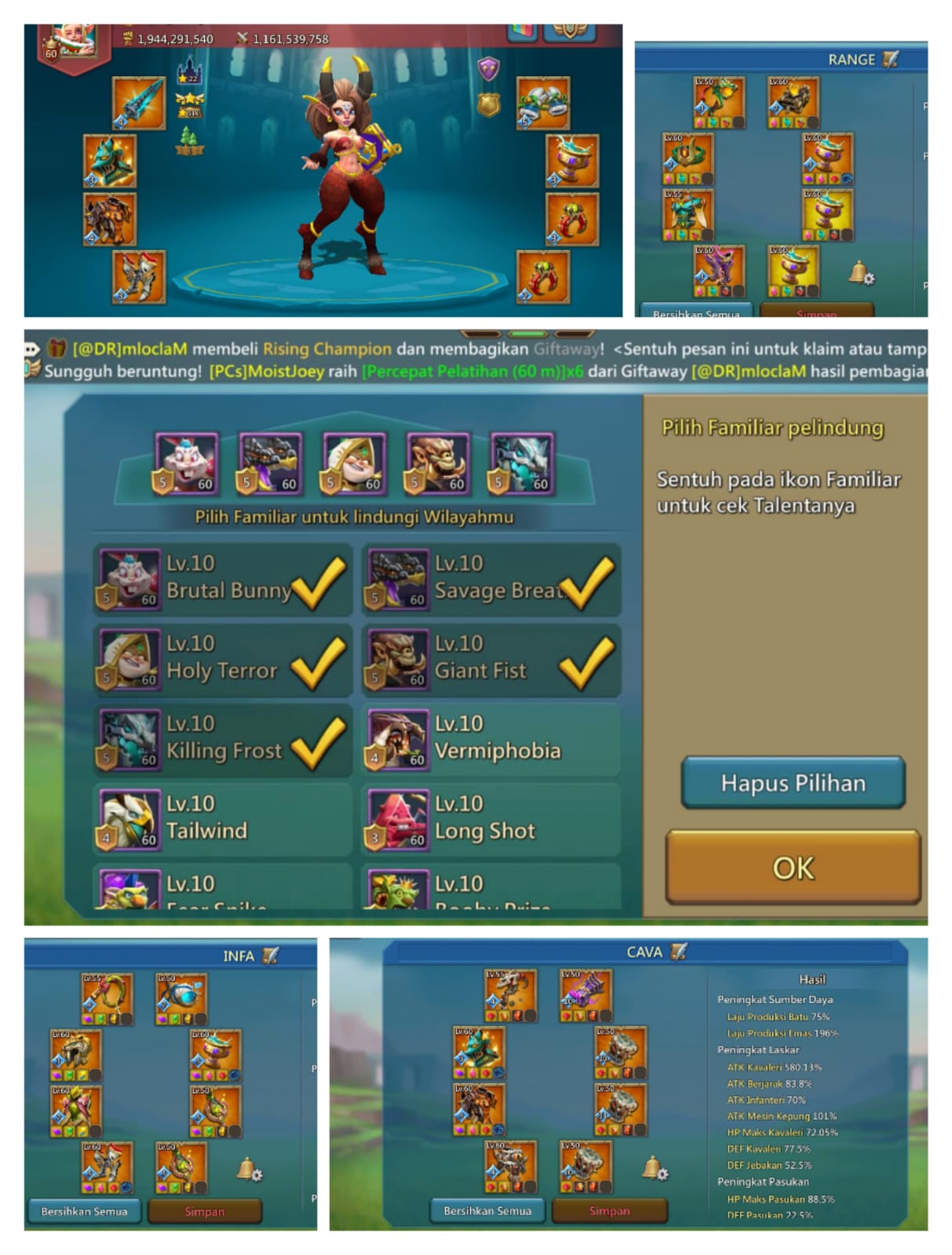 *WTS T5  RALLY LEADER* 
- MAX KD 1015
- LOGIN GMAIL+FB AKTIF
- BUFF 940-928-1000 FF
- MIX 722.750.686 FF
- STAT CAN UP REJAWEL
- 5 FAM CASH MAX
- SLOT FAM 5
- WONDER 2 DONE
- 5 HERO CHAS GOLD
- 3 HERO WONDER PURPLE 
- OPEN GIFT
- TROP 39M+
- 10 SKIN CASTIL
- 1CHAMP MITIC
- 3CUP(1MITIC+2GOLD)
- PRICE 360$
- DROP PRICE 4.000.000