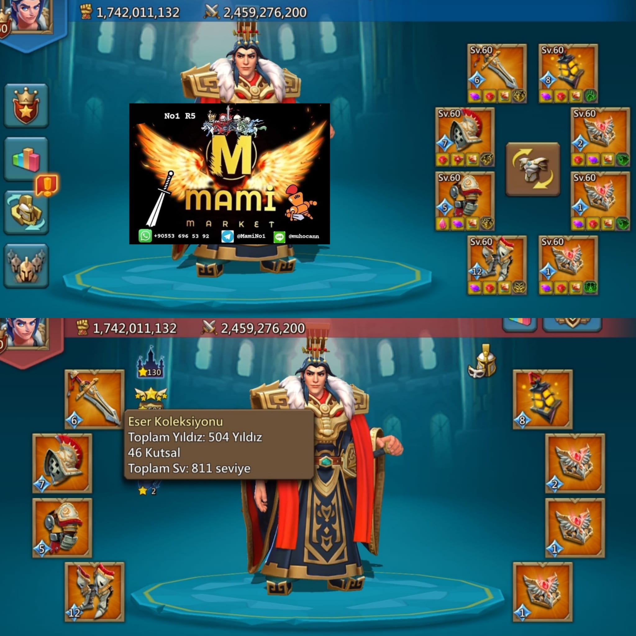 *FULL MİTİK ŞAMPİYON SETLİ FİYAT PERFORMANS KAÇIRILMAYACAK TÜRK KAPTAN KALESİ* 

*1x12 Şampiyon*

*9 Mitik (3 Yüzük) 1 Sarı Şampiyon (Köz Bekliyor) / 5 Mitik 1 Sarı Kupa*

*1274% 1179% 1248% Taş Değişimsiz*

🌟130 Yıldız / *8 Yoldaş Max / 1x Lider Görünümü*

*🌟504-811 Eser Yıldızı 46 Kutsanmış*

55 Göç / İleri Hisar Max 

*Mantıklı Takasa Açıktır❗*

Fiyat: *106.000 TL*

WhatsApp İletişim "No1 Loncası R5 MaMi"
+90 553 696 53 92