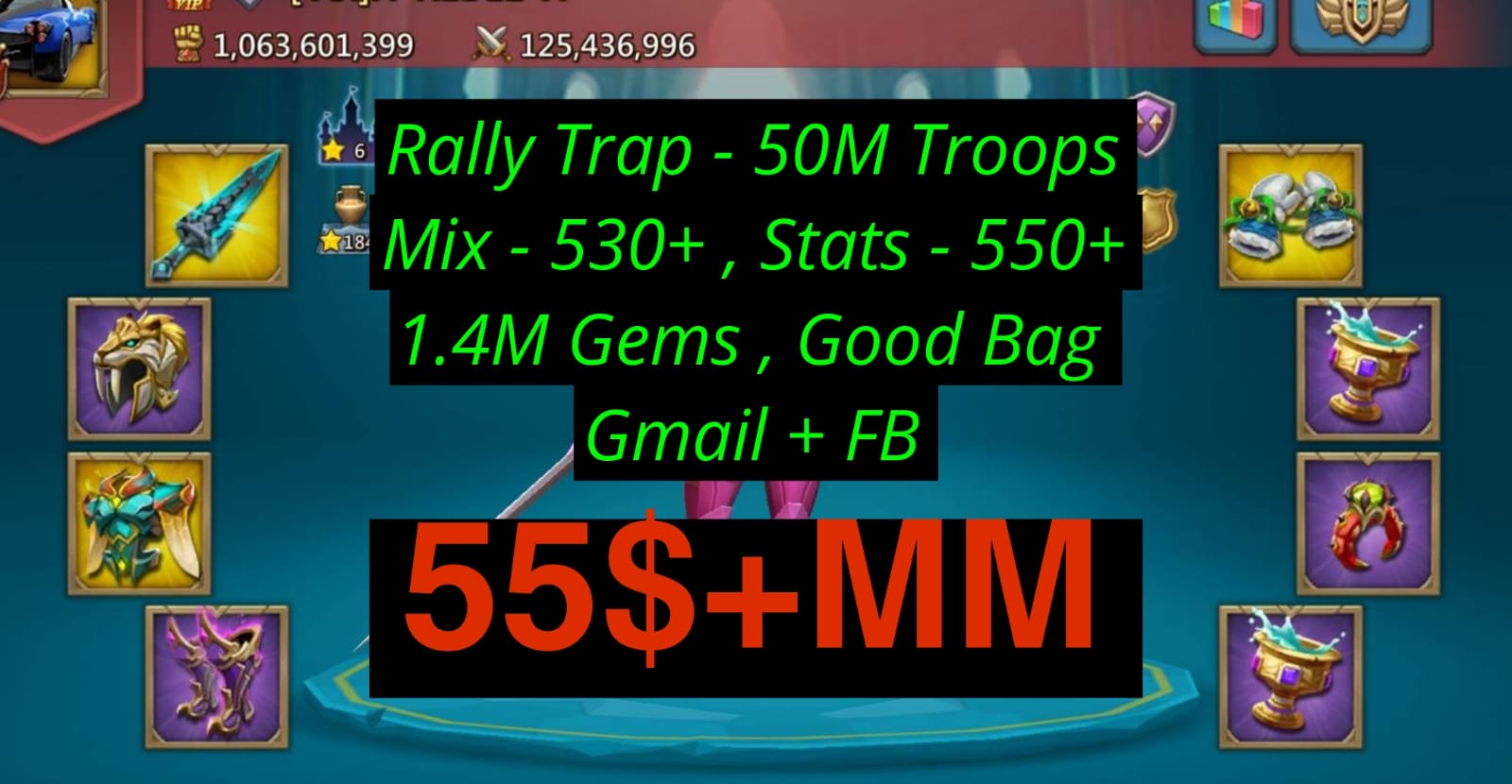 🔥50M Troops Rall Trap🔥1.4M Gems
🔥55$+MM
🔥Mix - 514/545/480
🔥Stats - 541/591/551
🔥Good Bag 
🔥Gmail + FB

PM me if anyone want to buy 
Telegram - @akbrock
Whatsapp - +918817899174
Line id - rajaverma2323

Whatsapp grp - https://chat.whatsapp.com/CfvL3fWtRe1DurdR1t0alJ

Telegram Channel - https://t.me/AKStoreLM

Telegram Group -https://t.me/AKShopxLM