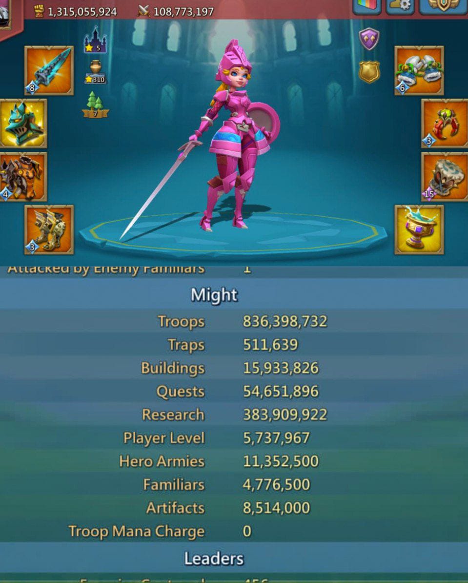 📌333+mm only
📌K 1590 beauty 
T5 ✅ elite ✅ 
Gold cup ✅ 
400M base might 
500+ mixx  solo atk need rejwel