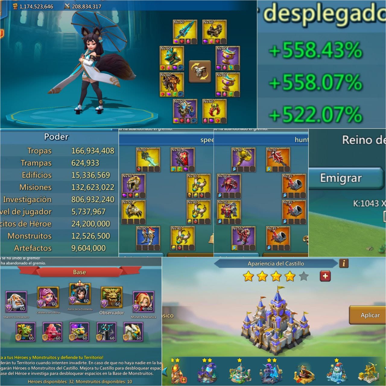 1.1B Beautiful T5 Elite
 Can go Kd1043
55$+mm
Mix.       558/558/523
Stats.    657/650/637
NO FORTS NO FURY 
11.5M Troops
7 Skin Casttle 
Good Hunter Armor 
Elite Open 
Drider in Battle 
15Billions RRSS
Slot 5
Bomber/Witch Doll  PURPLE 
Storm Fox/Watcher GOLD
Link Gmail
Suzura