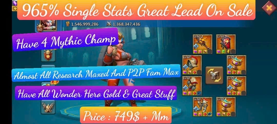 🔥Champ Beast Acc 🔥
💵749$+mm💵
4 Mythic Champ
965 Stats  🔥
All P2P Fam  Max
Max Research 🔥 & Max Hero
Amazing bag ~ Best Hero [ Wow ]                                                                  Pm Me For More Information