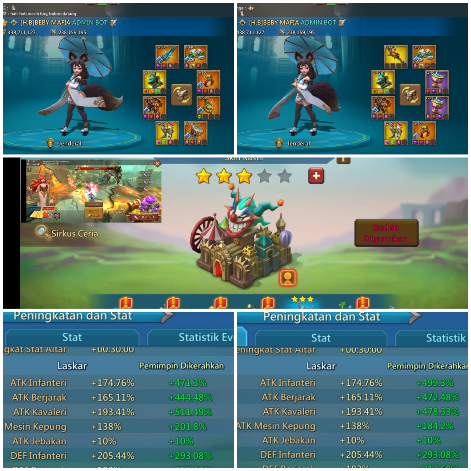 *Captain Rally Kingdom Muda 1525*
*438M T4 OpenGift*
*Buff Mix 400/500*
*Pertipe Rejewel Bisa 600*
*Trop 8M Mix T4T2*
*Riset Counter Max*
*Riset T5 95% Tome Ready Dikit Speed Kurang*
*Skin Sultan Ready*
*Hero Ches Ungu Biru*
*Battle Slot 3 Pack 3*
*Champ 1 Gold 1 Ungu*
*Cangkir 2 Ungu*
*Lvl Astralite Gear Tinggi*
*Log Facebook*

*Harga 3.000.000*