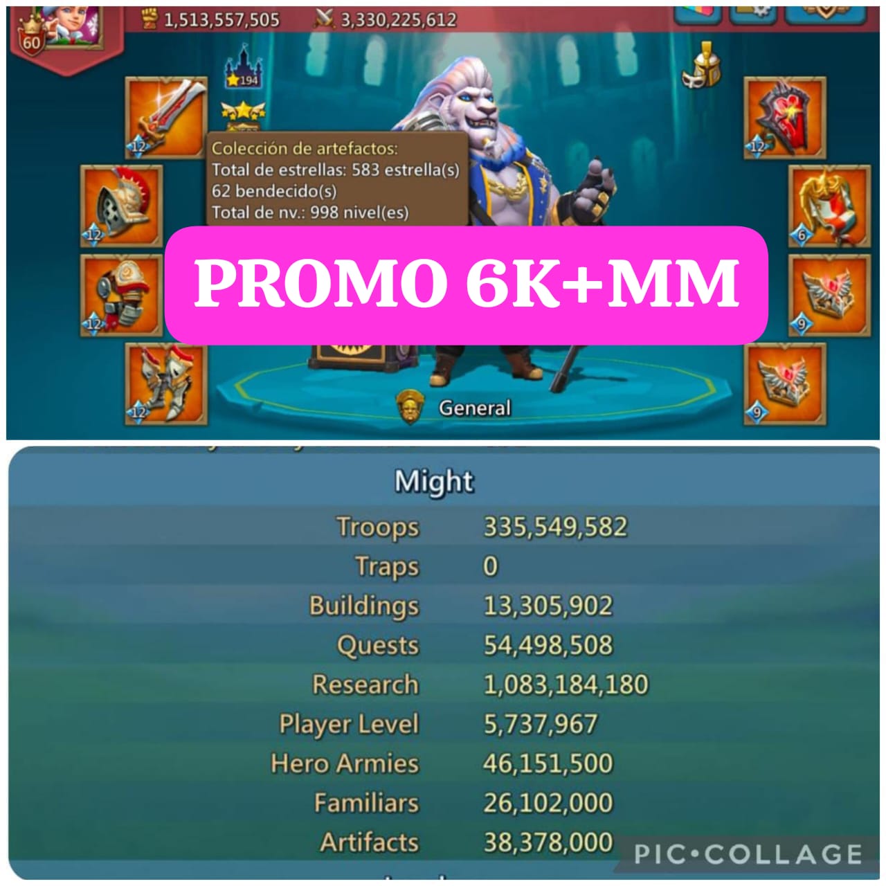 _Beautiful Low-Might  ~6.700$+MM~ PROMO 6000$+MM_🎀✨
🎀 Max Stats: 1360-1300-1334%
🎀13 Champ (5xLv.12) - (1x11-2x9)
🎀3 Tigris/Ursa Gold-320 wolf gold
🎀2 Wonder Artifacts!
🎀121 papiros
🎀Many Consumables