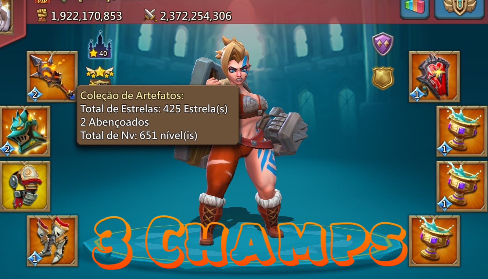 _*03 champs na área*_

REF:8755

Bônus:
Inf:1040%
Ark:953%
Cav:1015%

_*mix:800-714-486*_

> 02 Champ🧡+1💛
> 26M de tropas
> WoW 90%
> Heróis pagos+3 do Wow 
> 07 fam pagos full
> muitas skins
> 40 estrelas🌟

Valor:6.200
Entrada:1.600

https://photos.app.goo.gl/a6seEgwa5sb3uRUk6