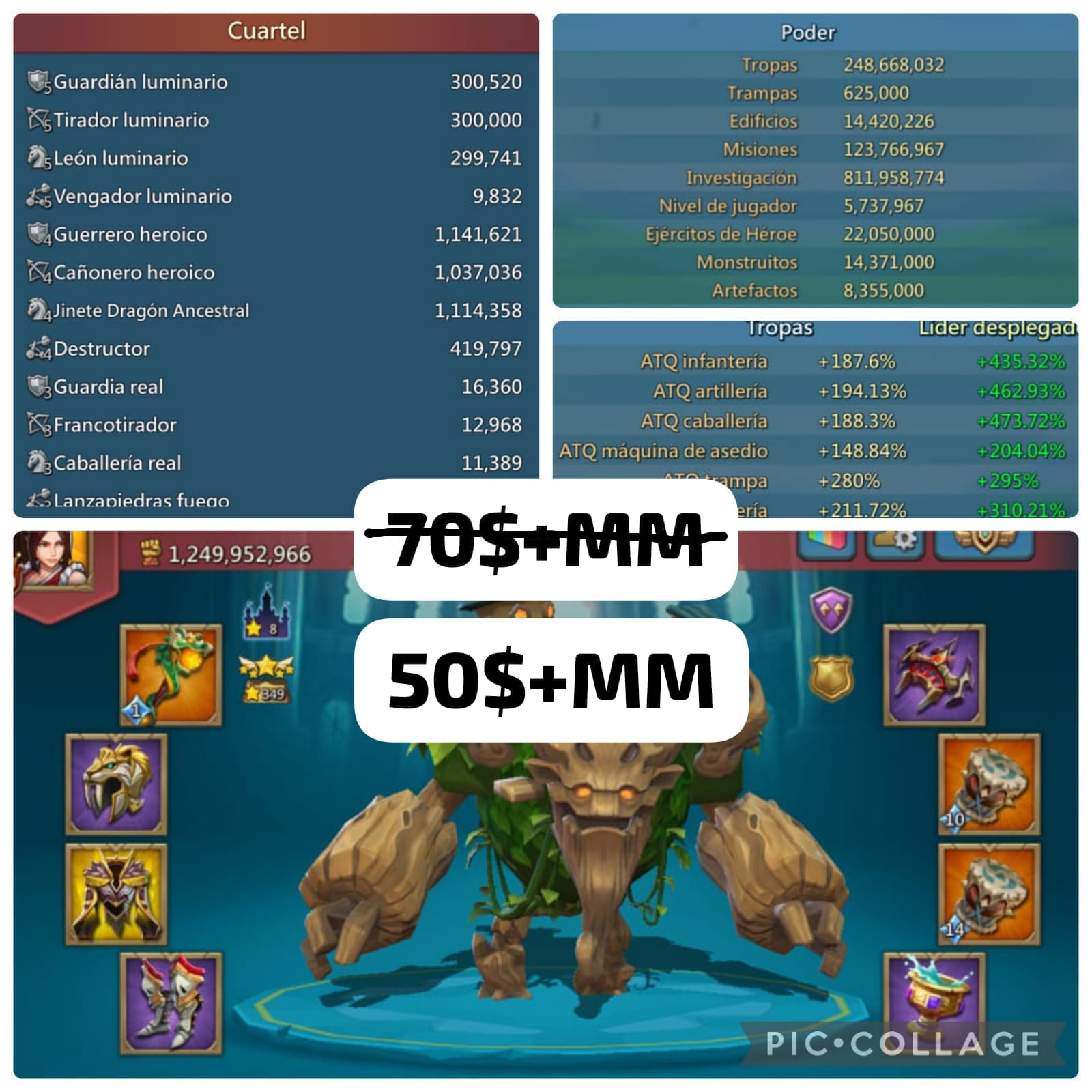 *🦖 PROMOCIÓN!!! BELLA T5 BUENAS PEGADAS 50$+MM🦖*
🐯Llega al K1015/ 15M de tropas/ 24 papiros
🐯Stats Uni 650/638/709, MIX +430%
🐯Investigaciones: Debuff/Counter/4° espacio/T5/Sigilo casco✅
🐯Observador en dorado
🐯Bonita armadura de caza, 3 apariencias p2p/ Buenos RSS en mochila 
🐯Vinculación: Gmail