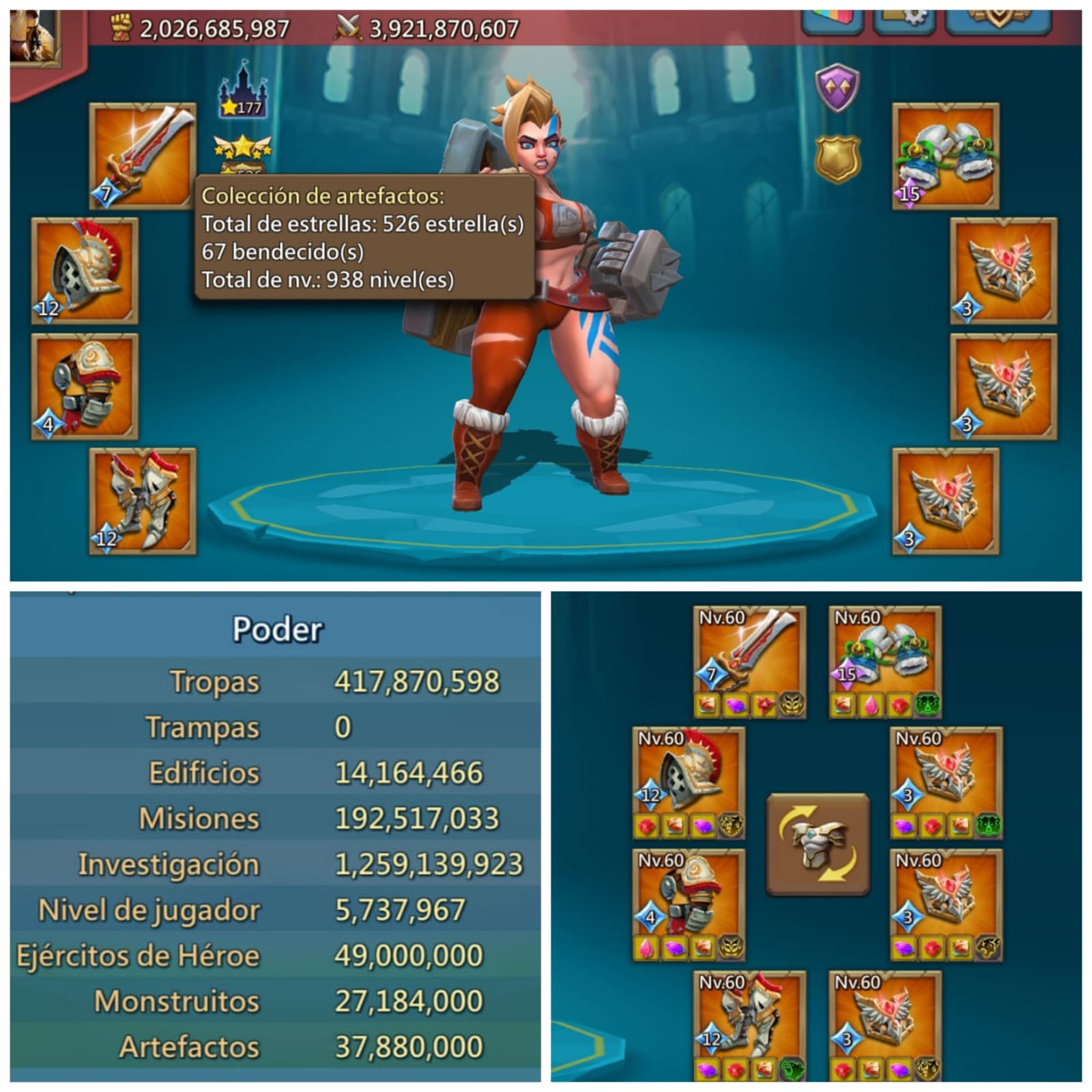 *Hermosa Full Champ / Full WoW 👑* _*$4700 + MM*_
⭐ 177 Castle + 👑 67 Blessed +⭐ 526 Artifacts 
🦊Stats Uni: 1277-1243-1219 
🦊Stats Mix: 945-779 896 (PS 899%)
🦊Full Champs 11 🟠+ 1 🟡 / Full Cups 4 🟠 + 1 🟡 
🦊Héroes P2P 22 🟡/ 7 🟣
🦊Full investigaciones / W3 MAX + 1 Artefacto Wonder + 1 Army ATK 🟡
🦊8 Fam P2P MAX
Only GMAIL