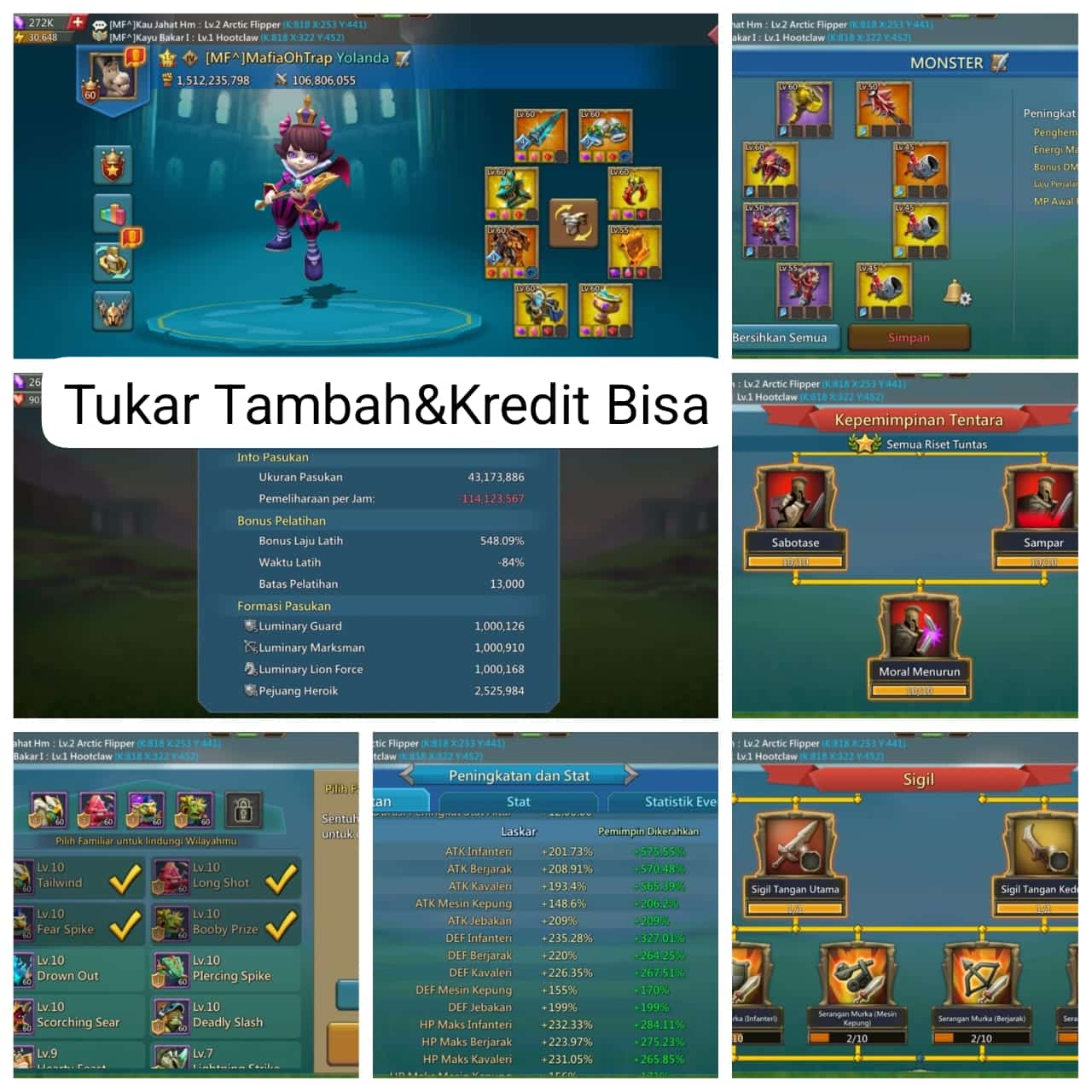 *1.5B T5 GOODFILLER*
▪︎ *Buff Mix 575-570-565*
▪︎ *Buff Pertipe 700*
▪︎ *Buff Real Tanpa Fort*
▪︎ *Battle Slot 4 Pack 4*
▪︎ *Riset Sigil Tangan Kedua, Moral Max,Counter Max*
● *Total Trops 44M Mix*
   ▪︎ *T5 1M Pertipe (3M)*
   ▪︎ *T4 3M Pertipe (9M)*
   ▪︎ *T2 10M Pertipe (30M)*
● *Hero Ches GOLD 1*
● *Hero Event GOLD 2*
● *Cangkir GOLd 1*
▪︎ *Gulungan Migrasi 10*

*Login Gmail+Facebook+IGG Link*
======================
*Price 2.500.000 Garansi*
*MafiaShopStore.ID*