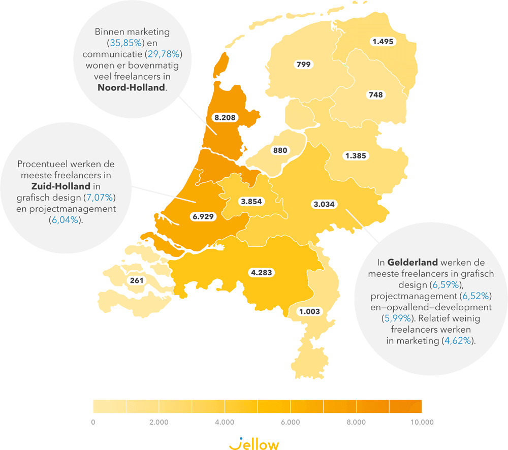 Het aantal freelancers in Nederland per provincie in 2021.
