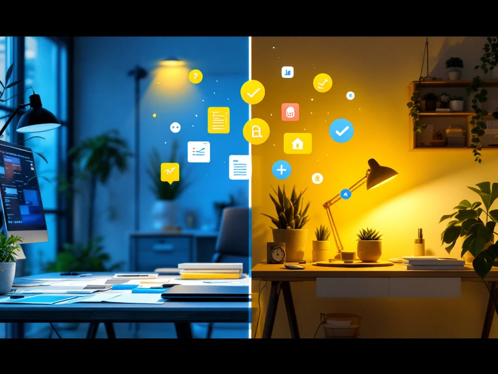 Gesplitst beeld van modern kantoor versus thuiswerkplek met contractpictogrammen, toont traditioneel werk tegenover freelancen