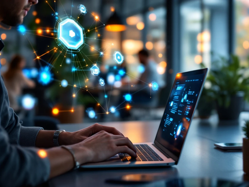 Moderne kantooromgeving met digitale netwerkverbindingen tussen laptops en freelancer werkplekken in oranje-blauw licht