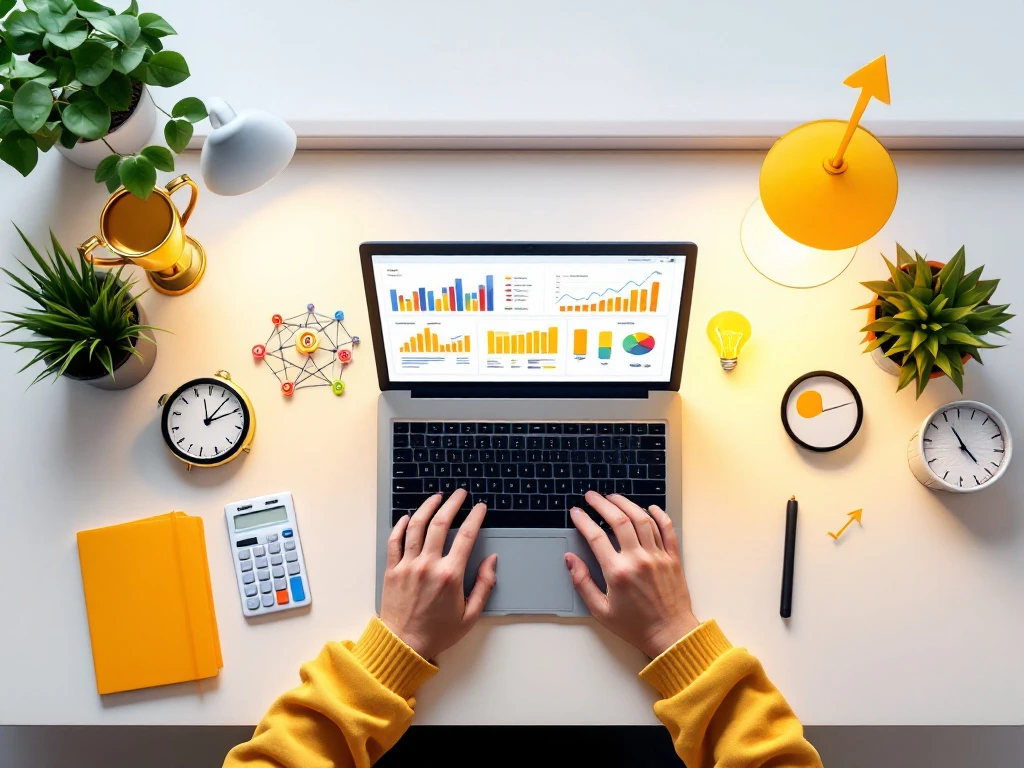 Laptop met marketinganalytics op bureau omringd door trofee, rekenmachine, klok, gloeilamp, netwerkdiagram en doelzoeker