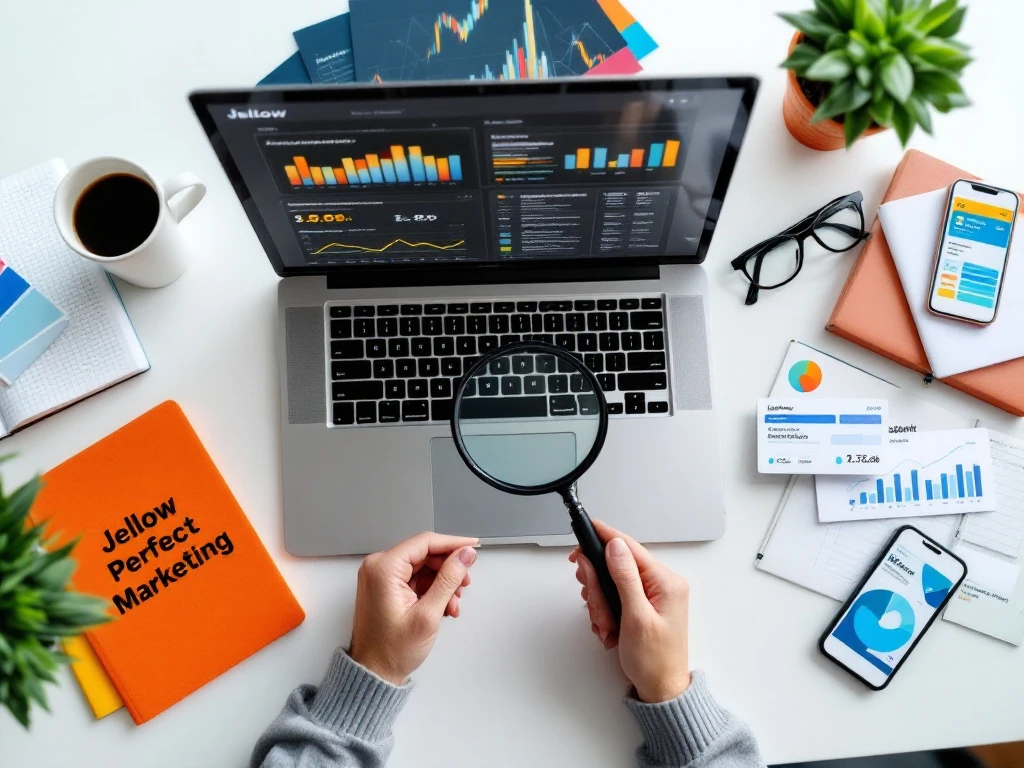 Vergrootglas over freelancer portfolio's op bureau met laptop, analytics grafieken en marketingmaterialen in oranje en blauw