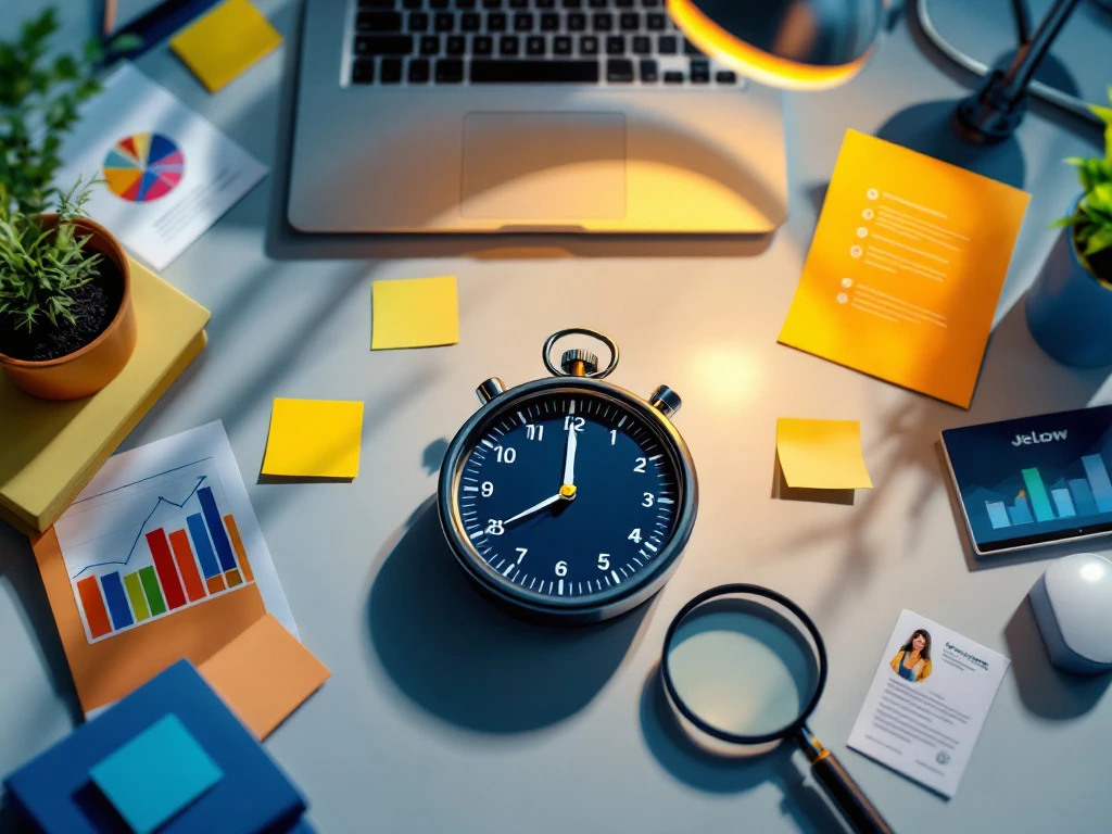 Stopwatch met 24 uur op modern bureau omringd door marketingmateriaal, laptop met freelancerprofielen en gele-blauwe accenten