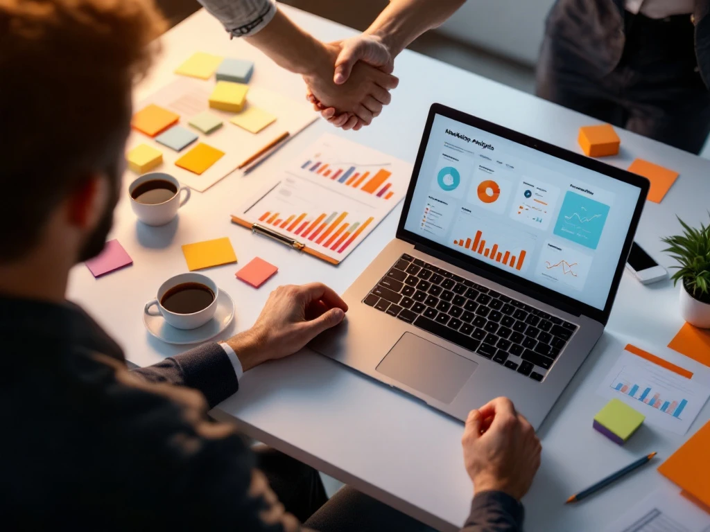 Moderne bureauopzet met laptop met marketinganalytics, documenten en handdruk op achtergrond in oranje-blauw kleurschema