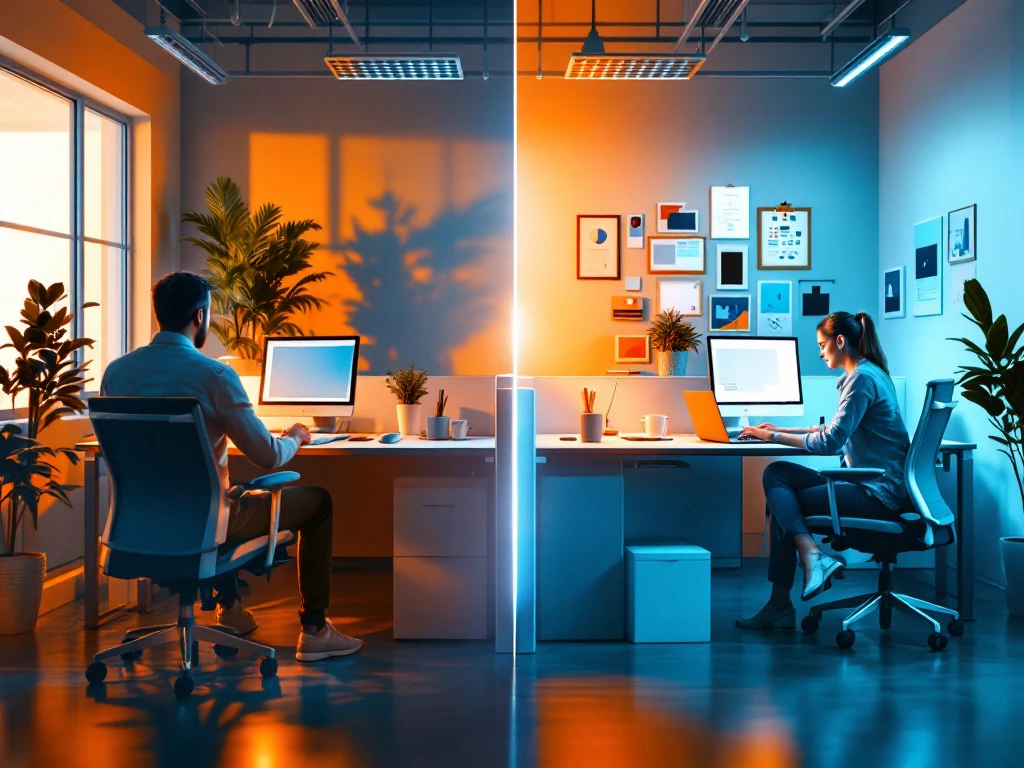 Gesplitst scherm toont traditionele kantoorruimte links versus dynamische freelancer werkplek rechts met laptop en creatieve tools