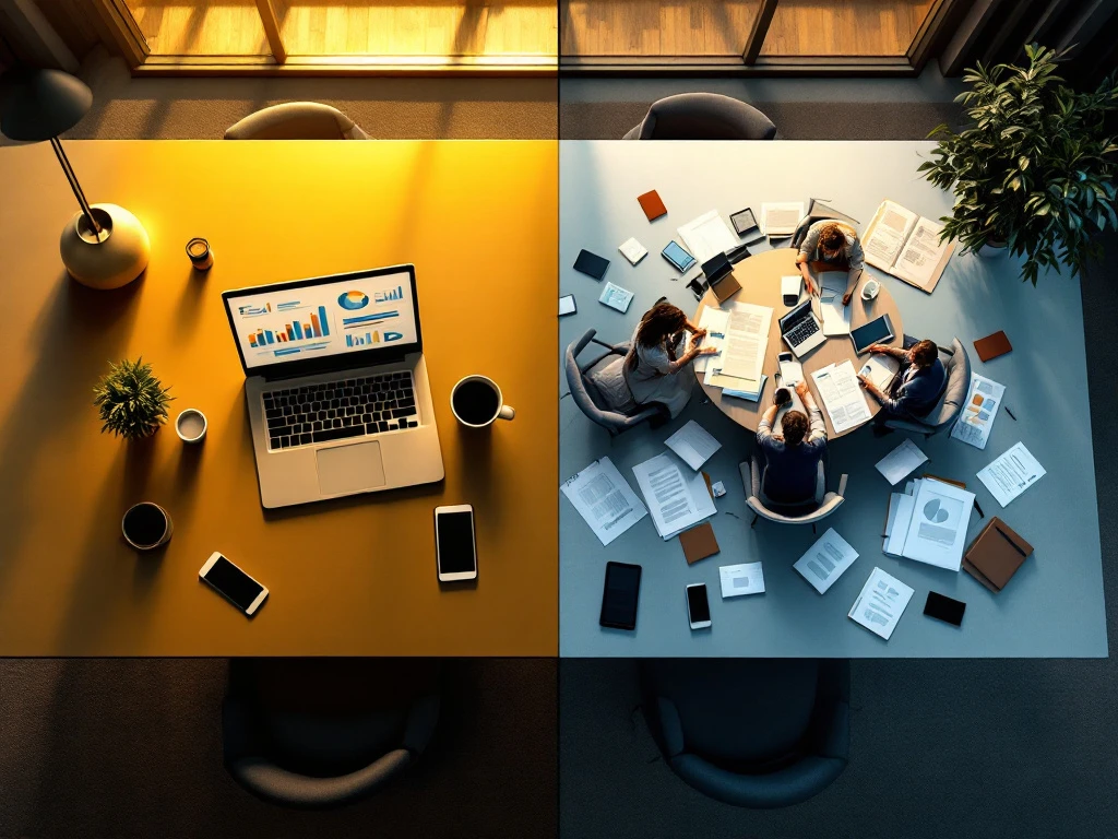 Split-screen vergelijking: georganiseerde freelance marketeer werkplek links versus rommelige marketing bureau tafel rechts