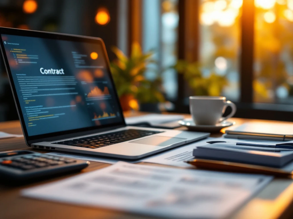 Laptop met contractdocumenten op professioneel bureau met calculator, pen en koffie in geel-blauwe kantooromgeving