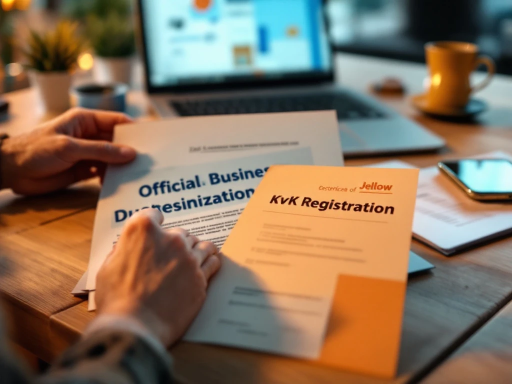 Handen houden Nederlandse KvK-registratiecertificaat en bedrijfsdocumenten op houten bureau met laptop op achtergrond