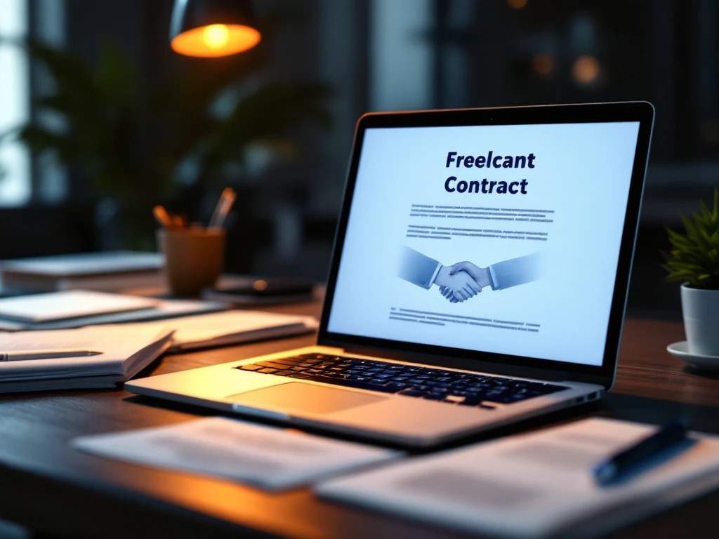 Laptop met digitaal contract op professioneel bureau, omringd door documenten en pen in moderne kantooromgeving