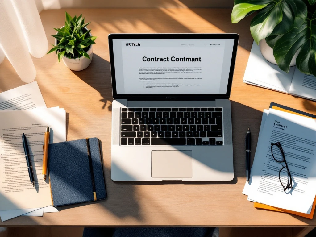 Digitaal contract op laptop met handtekening pen, leesbril en juridische documenten op modern bureau