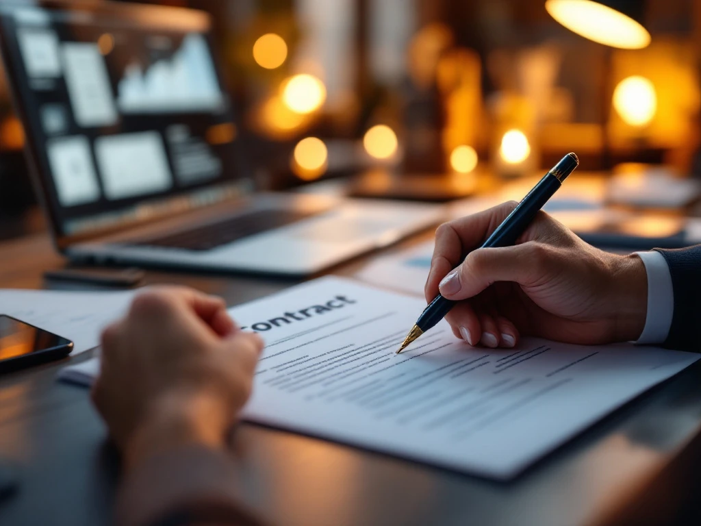 Handen die een professioneel contract ondertekenen op modern bureau met laptop en freelance werkruimte