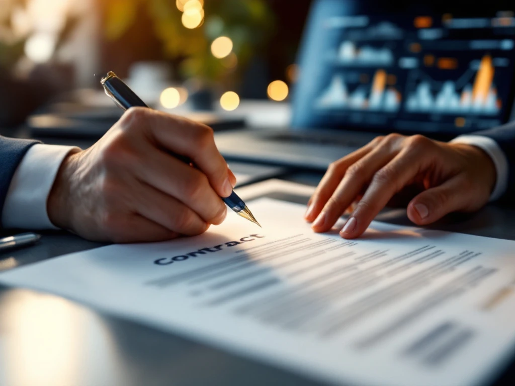 Handen die professioneel contract ondertekenen op modern bureau met laptop en digitale handtekening interface op achtergrond