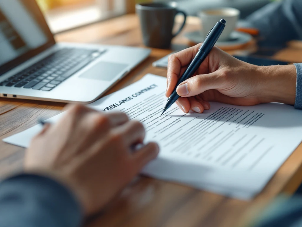 Handen ondertekenen freelance contract op houten bureau met pen, laptop en koffiekop in professionele setting