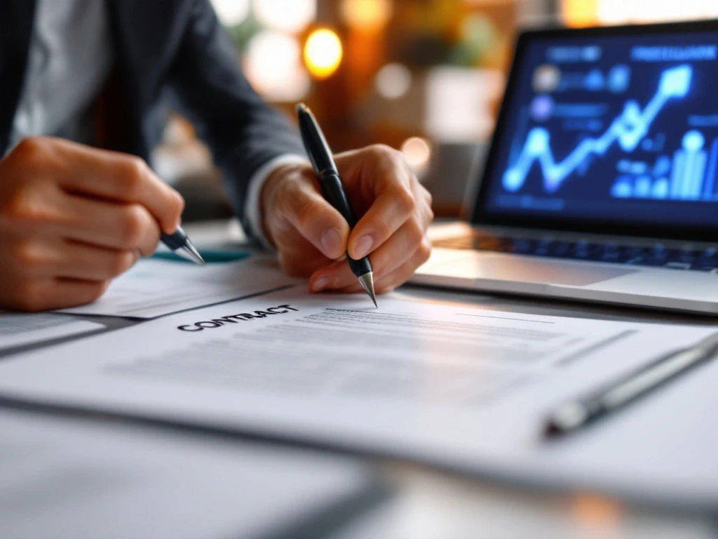 Handen ondertekenen freelance contract met pen, laptop met werkpictogrammen en juridische documenten op bureau