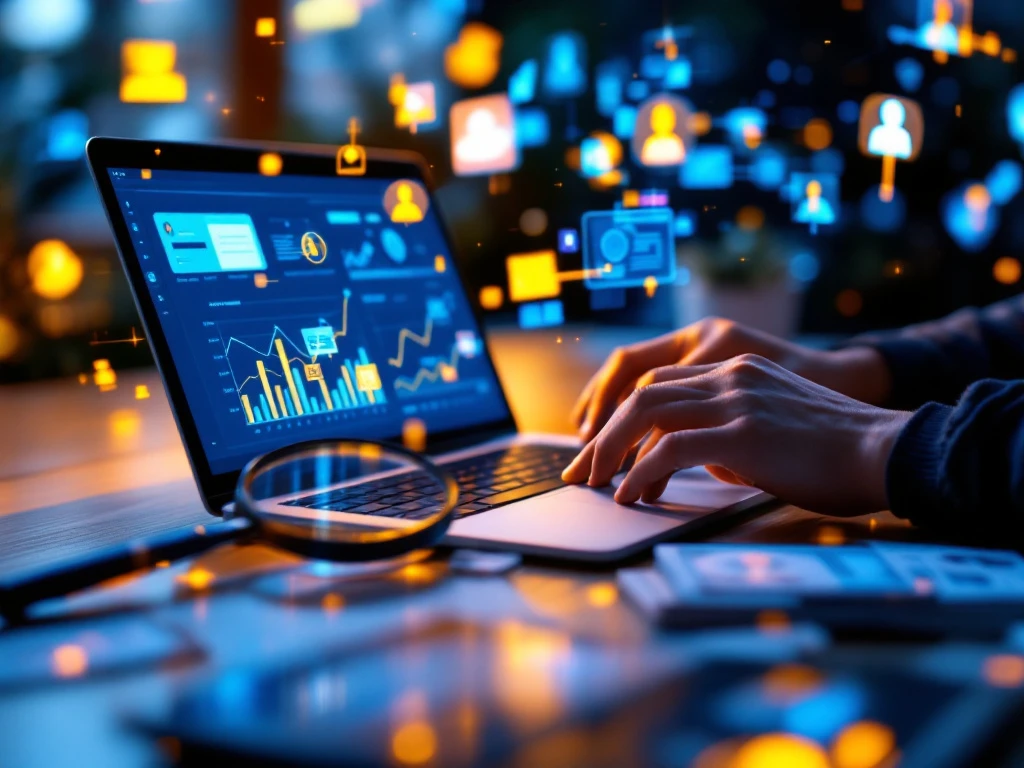 Handen typen op laptop met marketing analytics, omringd door holografische digitale marketing iconen in geel en blauw licht.