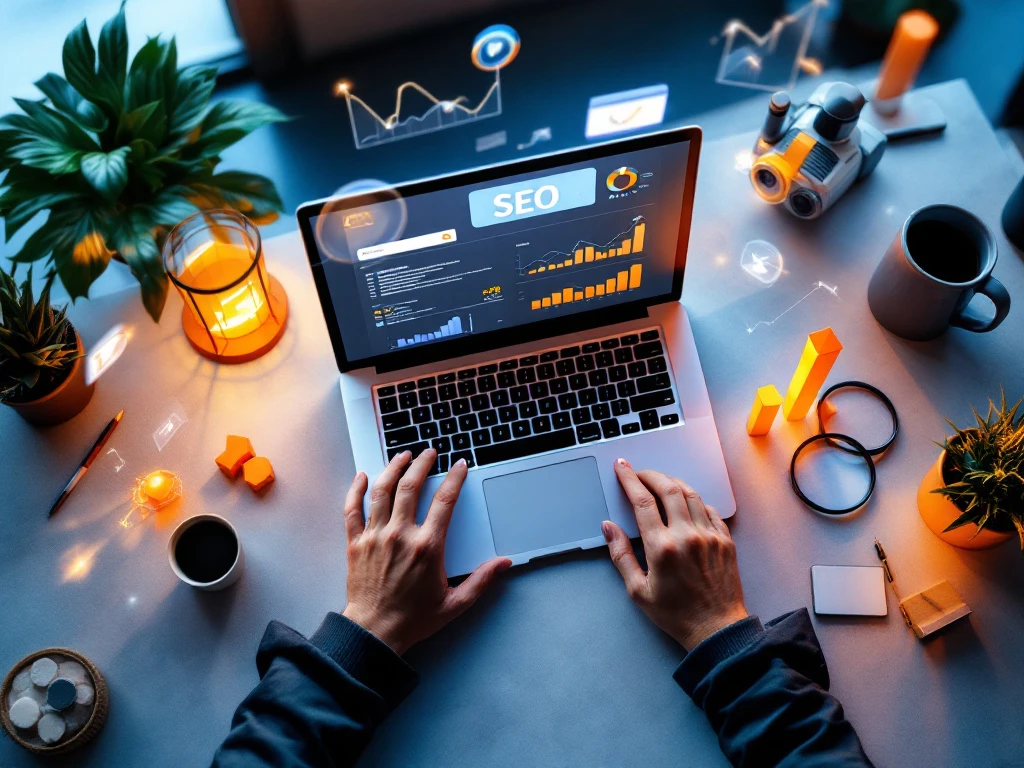 Moderne werkplek van bovenaf met laptop met SEO-analytics, grafieken en digitale marketingtools in oranje-blauw licht