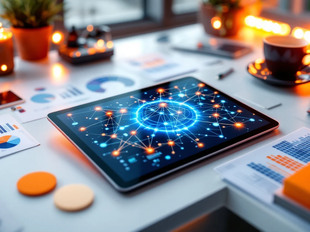 Moderne werkruimte met tablet die freelancer-platform toont, omringd door marketingmaterialen en kleurrijke grafieken