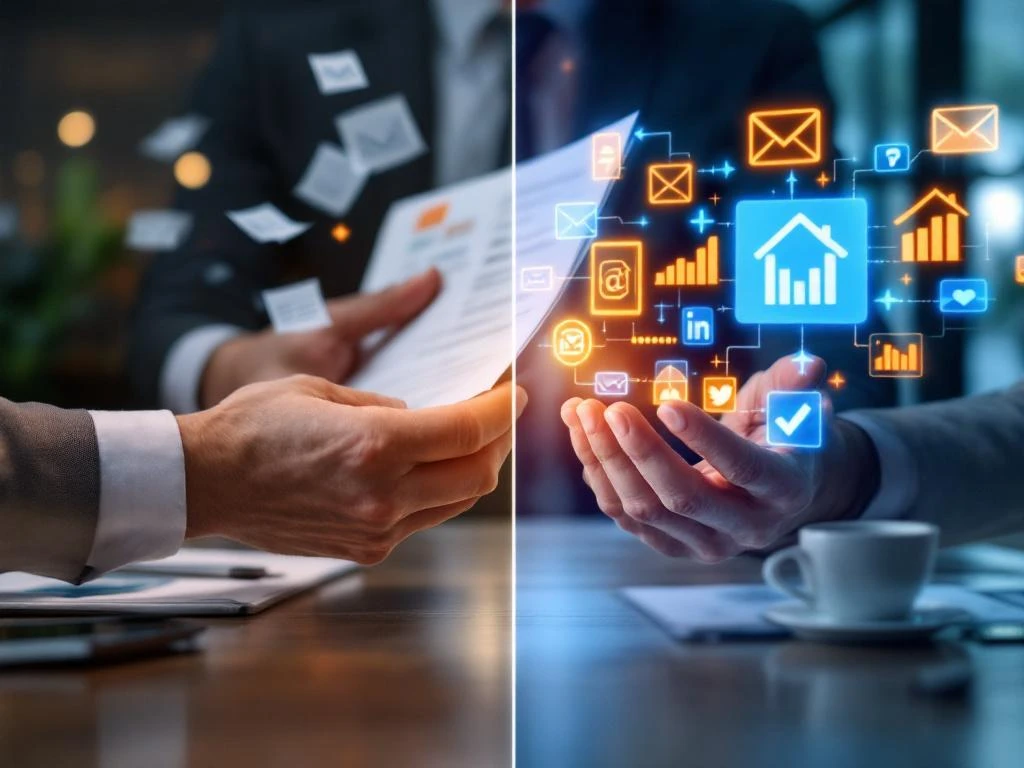 Zakenman delegeert taken naar georganiseerde digitale werkruimte met marketing automatisering iconen in oranje en blauw