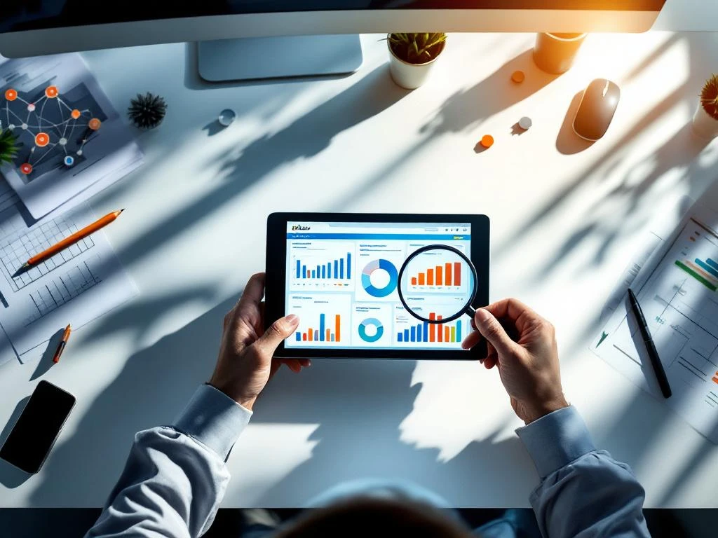 Handen houden tablet met marketing analytics dashboards op modern kantoorbureau met grafieken en vergrootglas