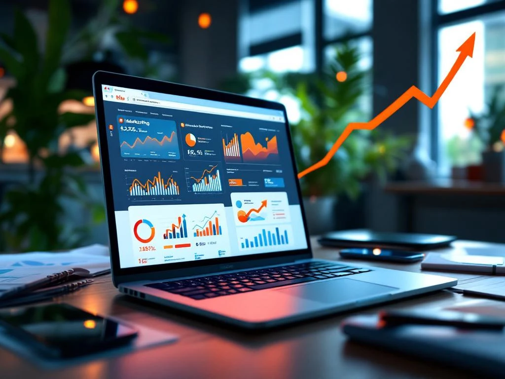 Laptop met marketing analytics dashboards en groeigrafiek in moderne startup kantoor met oranje-blauwe kleuraccenten