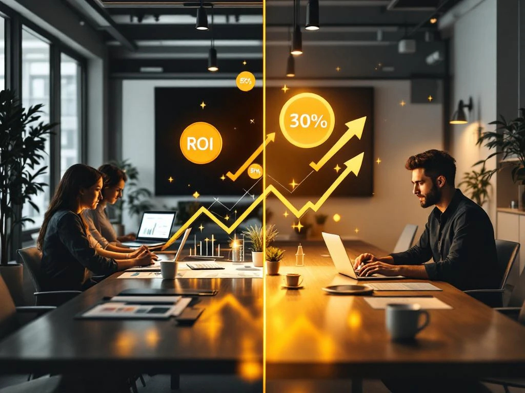 Splitscreen vergelijking tussen marketingbureau team aan conferentietafel en freelancer aan thuiswerkplek met ROI symbolen
