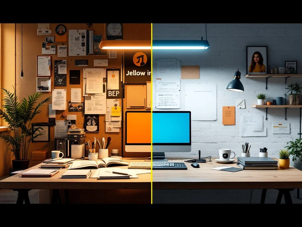 Gesplitst scherm: rommelig traditioneel marketingbureau links versus opgeruimde thuiswerkplek rechts met laptop