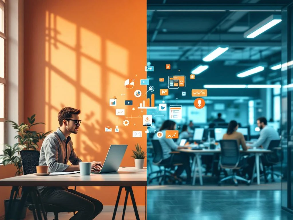 Freelancer werkplek versus marketing bureau kantoor met digitale marketing iconen, oranje en blauwe kleuren