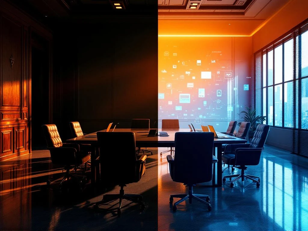 Gesplitst beeld van lege traditionele bestuurskamer versus moderne digitale werkplek met laptops en HR-technologie