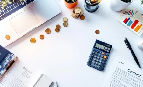 Rekenmachine met eurosymbolen, geld, laptop met marketinggrafieken en contract op moderne werkplek voor kostencalculatie
