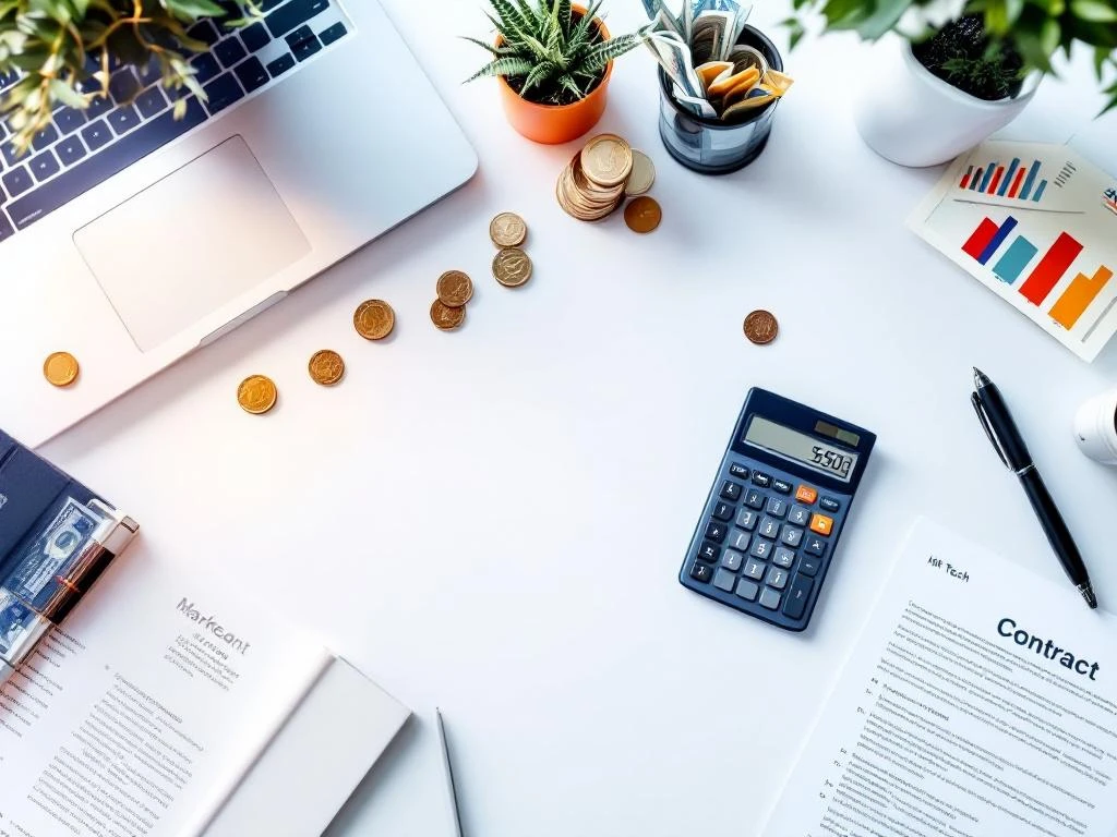 Rekenmachine met eurosymbolen, geld, laptop met marketinggrafieken en contract op moderne werkplek voor kostencalculatie