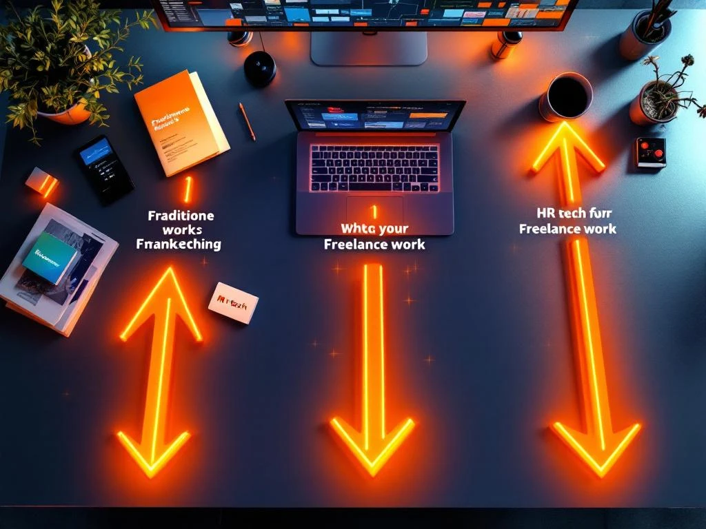 Moderne kantoorbureau met gloeiende oranje pijlen die van traditionele naar digitale freelance marketingoplossingen leiden