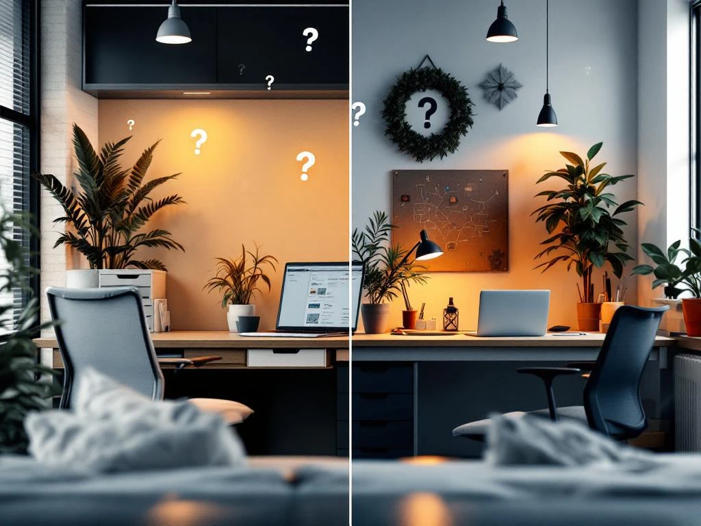 Gesplitst scherm toont modern kantoor versus thuiswerkplek met laptop en planten, gescheiden door vraagtekens