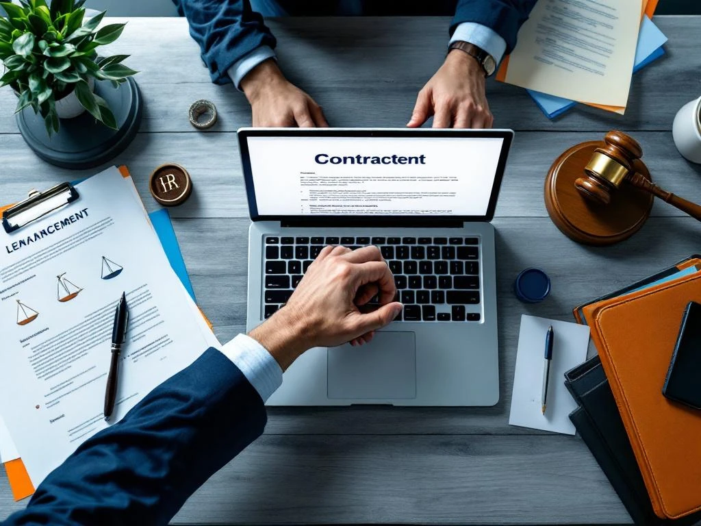 Professionele handdruk boven juridische contractdocumenten op modern bureau met laptop, hamer en officiële stempels