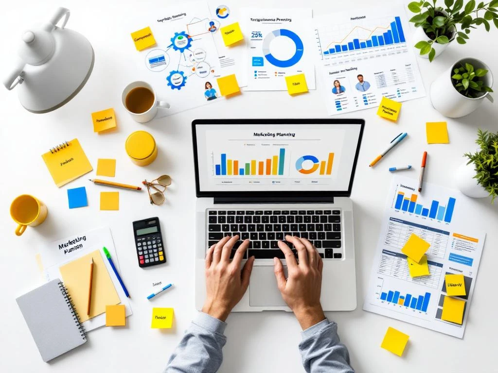 Moderne marketingwerkplek met laptop, campagnematerialen, grafieken en planningsdocumenten in geel-blauwe huisstijl
