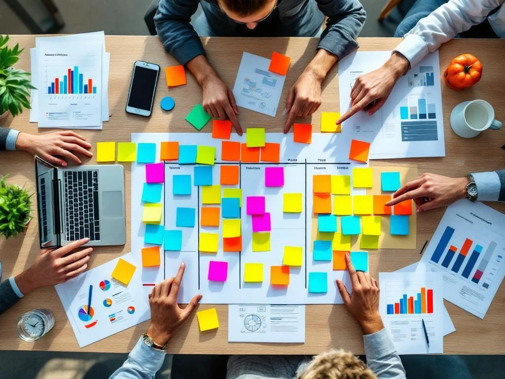 Bovenaanzicht van houten bureau met marketingplanning: kleurrijke sticky notes, laptop met tijdlijn, handen wijzen naar projectbord