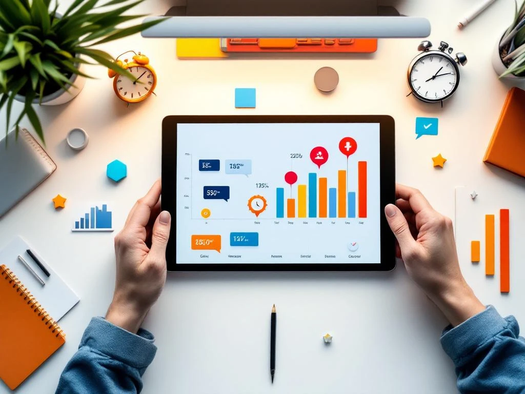 Digitale tablet met kleurrijke tijdlijn grafieken omringd door klokken en stopwatch op moderne bureau voor projectbeheer